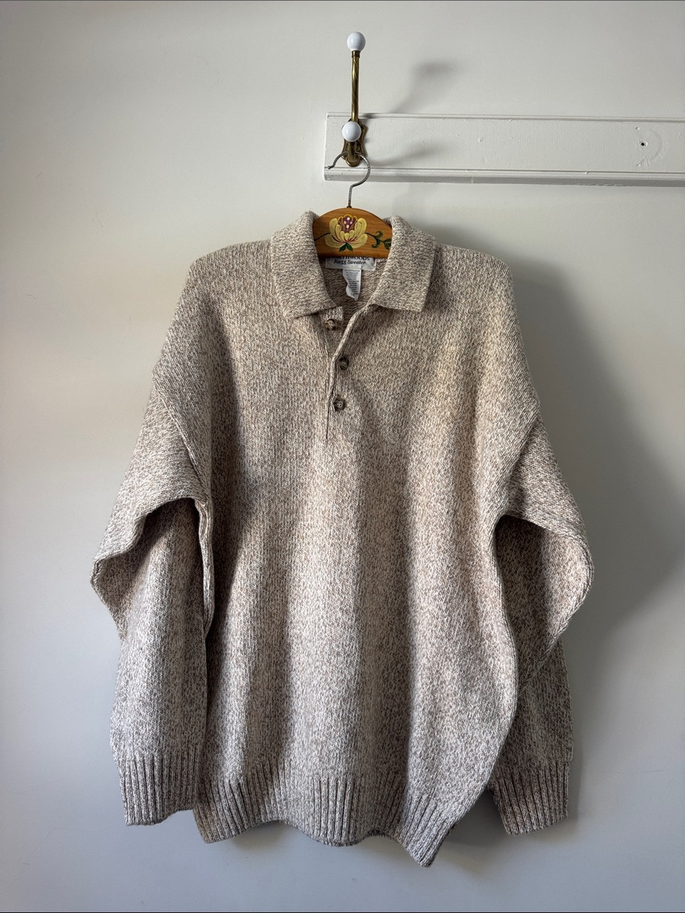 Vintage Wool Cotton Blend Northwoods Ragg Cream Knit Polo Sweater